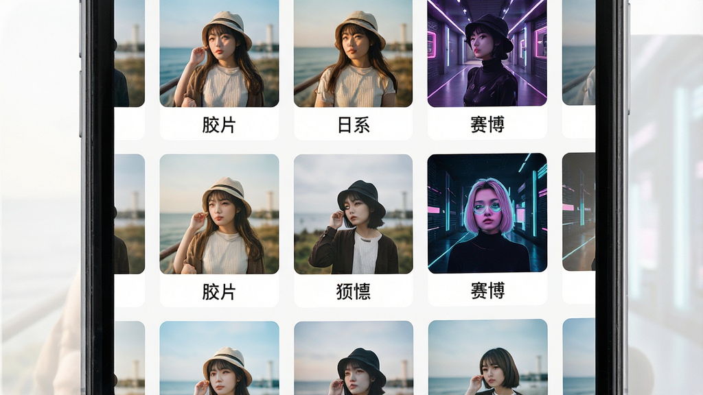 一张展示Lumyx滤镜素材库的AI生图,主体是手机屏幕中呈现网格状排列的滤镜预览图,每个小格子里展示不同风格的照片效果,布局为整齐的网格排版,风格为清新明亮,细节包括每个滤镜下方的风格名称标签如“胶片”“日系”“赛博”,画质为高清,画面干净,无多余元素。