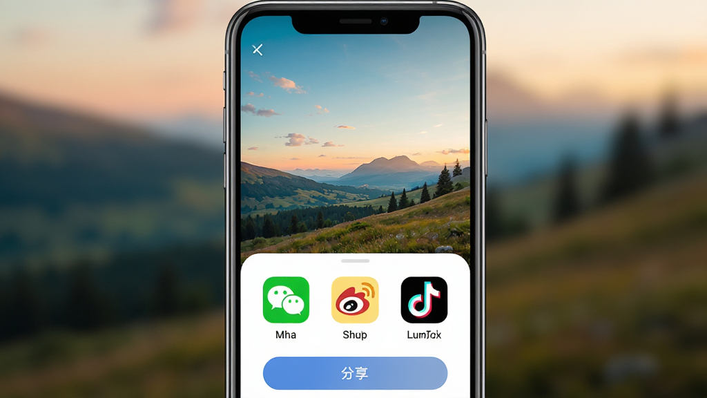 一张展示Lumyx一键分享功能的AI生图,主体是手机屏幕显示着一张调色完成的风景照,下方弹出分享菜单,包含微信、微博、抖音等社交平台图标,布局为居中展示,排版为竖向弹出菜单样式,风格为简洁现代,细节包括分享按钮的圆角设计、平台图标的彩色标识,画质为高清,画面干净,无多余元素。