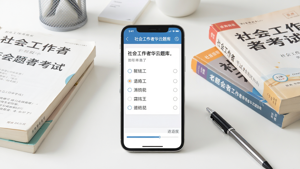 一张展示手机刷题界面的场景图,画面中央是一部竖屏智能手机,屏幕上显示