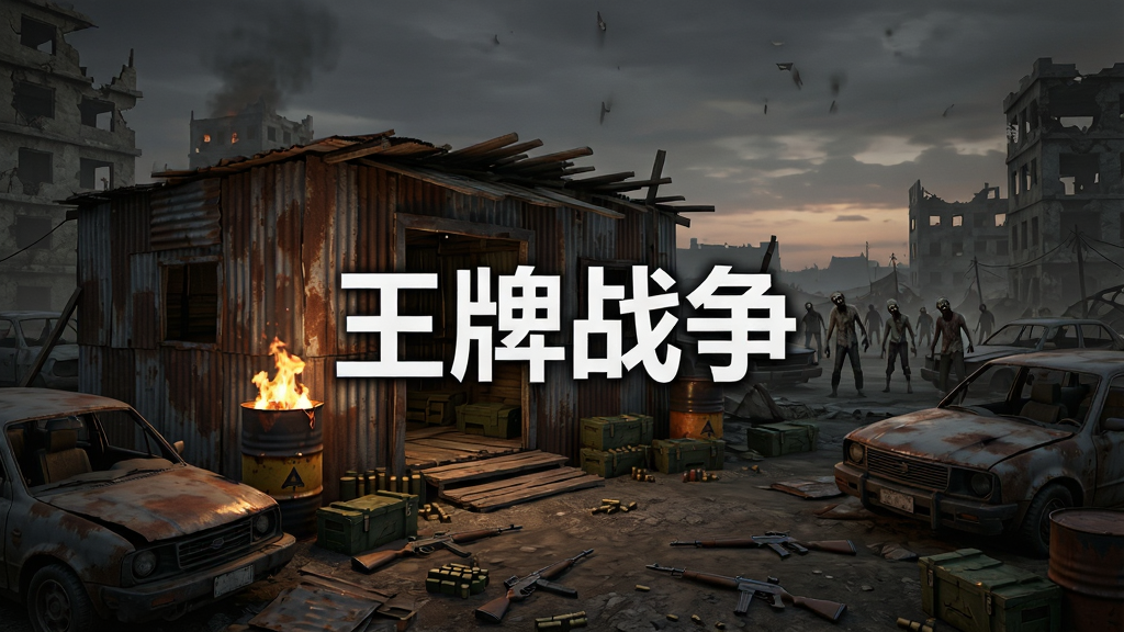 一幅末日废土风格的游戏场景全景图,画面主体是一座由废旧金属和木板搭建的幸存者庇护所,周围散布着废弃车辆和破损建筑,远处有丧尸群正在靠近,天空呈现灰暗的黄昏色调,画面中央放置游戏名称文字