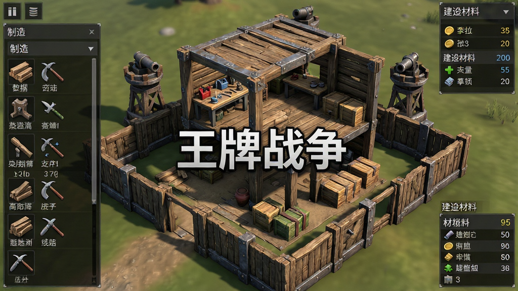 一张游戏建造系统界面截图风格图片,画面主体是一个由木材和金属搭建的多层庇护所建筑,周围有防御围墙和炮塔,建筑内部展示制造台、储物箱等设施,画面左侧显示制造配方列表,右侧显示建造材料数量,画面中央有游戏名称