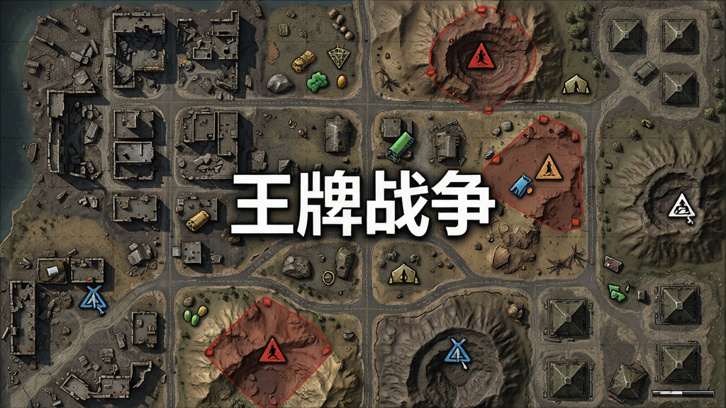 一张开放世界游戏地图俯瞰图,画面展示广阔末日废土场景,包含城市废墟、荒野矿区、军事基地等多种地形,地图上标注有资源点、危险区域和幸存者营地的图标,画面中央有游戏名称