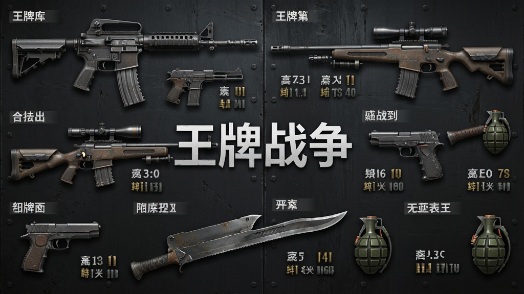 一张游戏武器展示图,画面主体是排列整齐的各类末日生存武器,包括突击步枪、狙击枪、手枪、砍刀、手雷等,每把武器旁边标注有名称和属性数值,背景为深色金属质感墙面,画面中央有游戏名称
