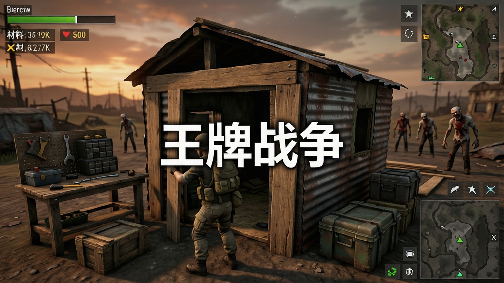 一张新手玩家在末日废土中建造庇护所的场景图,画面主体是一位穿着基础装备的幸存者正在用木板和铁皮搭建简易房屋,旁边有工作台和储物箱,背景是黄昏下的荒野,远处有丧尸游荡,画面中央有游戏名称