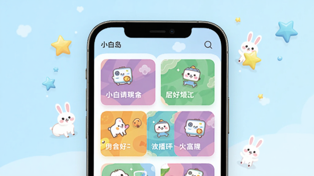 һ���ֻ���ĻչʾС�׵�Ӧ�õ������б�ҳ�棬ҳ���������Ŷ����ɫ��Ƭʽ����ģ�飬ÿ����Ƭ���в�ͬ��Ȥζͼ��ͱ������֣��ֻ���Χ��׺�����Ǻ�С���ÿ�ͨ���󣬱���Ϊ��͵Ľ���ǳ��ɫ�����岼���������򣬷����ÿɰ�������ɾ����࣬�߷ֱ��ʻ��ʣ��ʺ�Ӧ���̵��ͼչʾ��