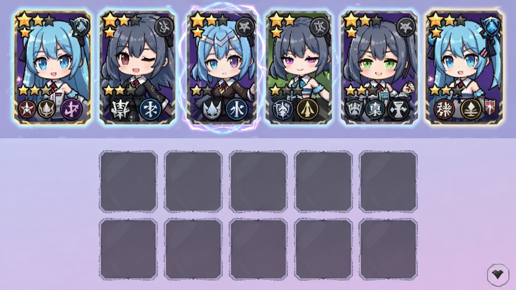 VTuber闲置RPG角色编队界面,画面分为上下两部分,上方为六位Q版虚拟主播角色卡牌排列成两排,每张卡牌显示角色头像、星级与职业图标,下方为拖拽放置的阵型网格,背景为淡紫色渐变,风格为日系卡通,细节包含卡牌边框的光效与职业标签,画质清晰,干净,无多余元素