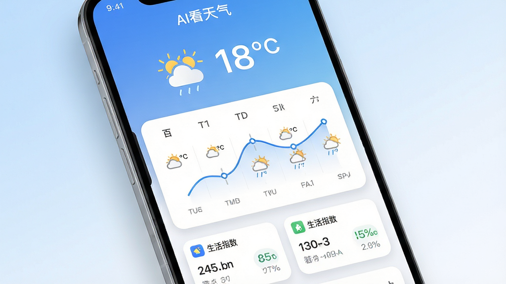 主体是一台安卓手机屏幕特写,屏幕中央显示AI看天气应用的主界面,界面顶部有醒目的天气图标和温度数字,中部是未来七天天气趋势折线图,底部有生活指数卡片。布局采用居中对称构图,手机微微倾斜增加立体感。排版上文字简洁清晰,图标风格扁平化。风格为现代科技感UI展示风,细节包括柔和的蓝白渐变背景、细腻的阴影、干净的卡片圆角。画质为4K高清,画面干净无多余元素。