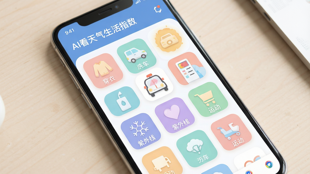 主体是一部手机展示AI看天气的生活指数页面,页面中排列着穿衣、洗车、紫外线、运动等彩色图标卡片。布局为手机正面平铺展示,背景是干净的浅色桌面。排版上卡片呈网格状排列,图标统一为圆角方形。风格为清新扁平化设计风,细节包括柔和的马卡龙色系、清晰的文字标签、舒适的留白。画质为高清UI展示图,画面干净无多余元素。