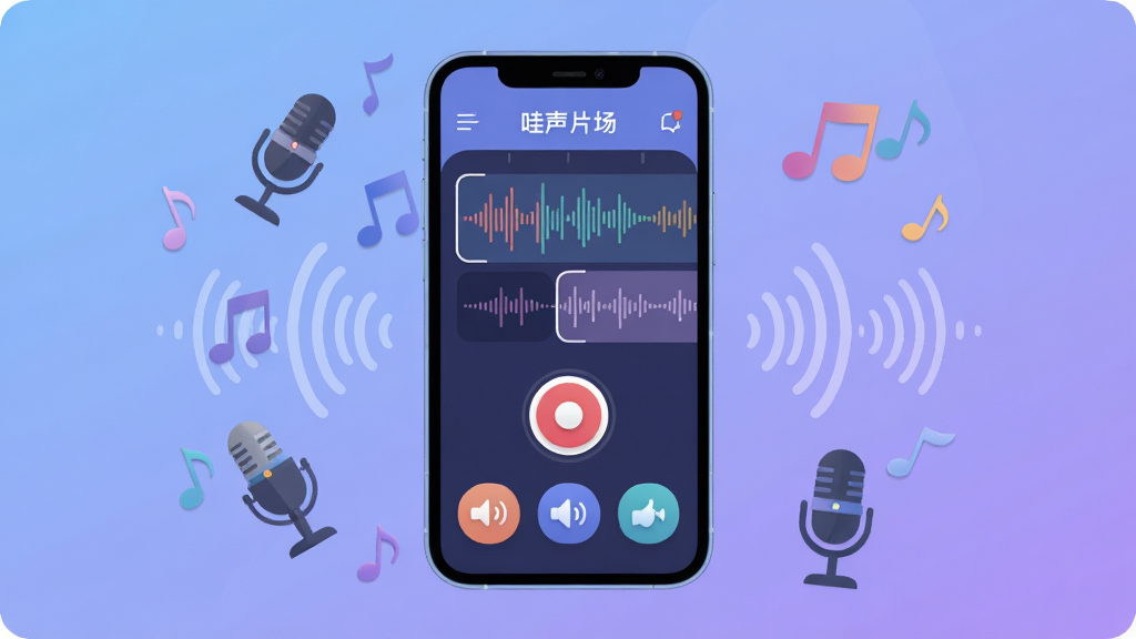 画面中央展示一部智能手机,屏幕上打开着哇声片场应用界面,界面中有音轨波形、录音按钮和多种音效图标,手机周围环绕着漂浮的麦克风、音符和声音波纹图形,背景是柔和的蓝紫色渐变,整体布局简洁明快,风格为现代扁平化科技感,细节上突出界面按钮的圆润感和音效图标的辨识度,画质清晰干净,无多余元素