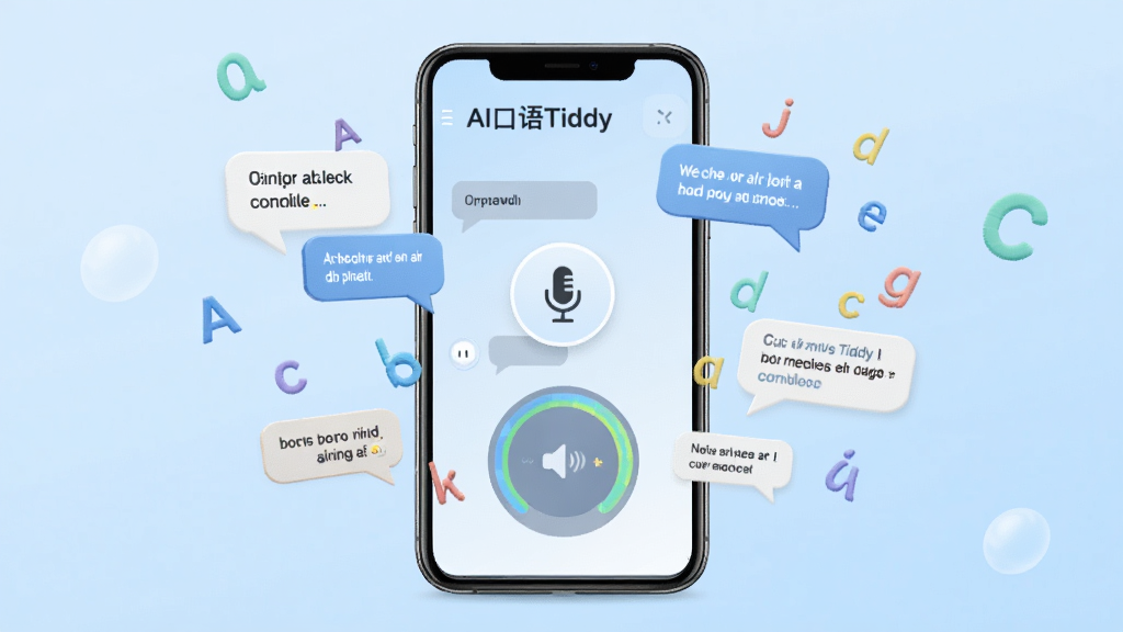 AI口语Tiddy是一款手机端英语口语学习软件,画面中央展示一部智能手机,屏幕显示AI口语Tiddy的对话练习界面,界面中有麦克风图标和发音评分环形图,手机周围漂浮着英语对话气泡和字母元素,背景为浅蓝色渐变,整体风格清新简洁,主体突出,布局居中,排版干净,细节清晰,画质高清,无多余元素,图片中文字显示“AI口语Tiddy”