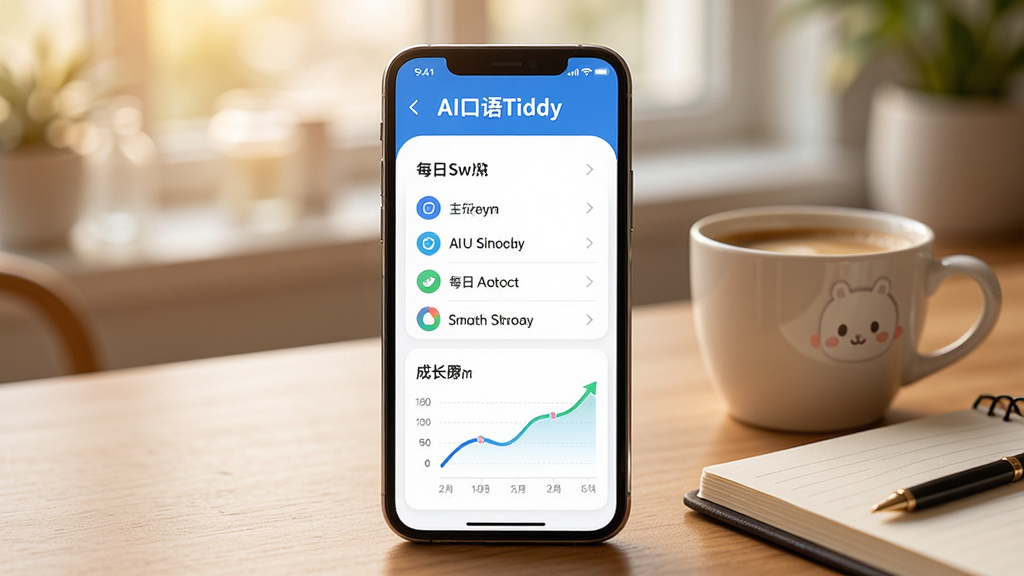 AI口语Tiddy个性化学习计划界面展示图,画面主体为手机屏幕,屏幕中显示学习进度环形图、每日任务列表和成长曲线图,界面配色为蓝白相间,手机放置在木质桌面上,旁边有一杯咖啡和一本笔记本,背景虚化柔和,风格温馨学习氛围,布局清晰,排版整洁,细节丰富,画质高清,图片中文字显示“AI口语Tiddy”