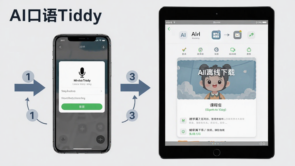 AI口语Tiddy新手使用指南示意图,画面主体为一部手机和一部平板电脑并排展示,手机屏幕显示麦克风权限设置界面,平板屏幕显示课程离线下载页面,周围有箭头和步骤数字标注,背景为浅灰色,风格简洁教程风,布局清晰,排版整齐,细节明确,画质高清,无多余元素,图片中文字显示“AI口语Tiddy”