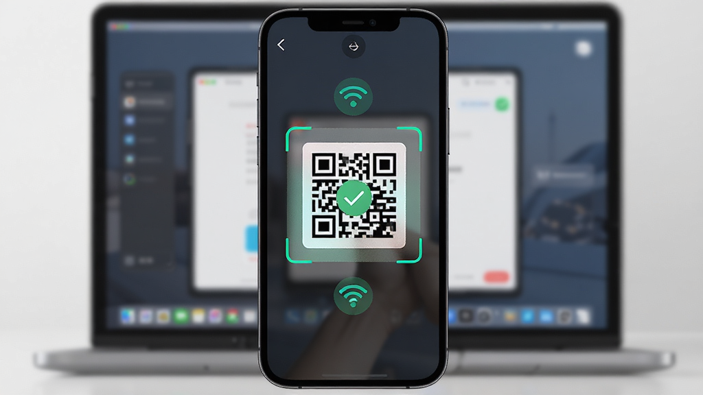 MasterGo - 实时镜像预览 手机扫码连接电脑界面 主体为手机屏幕显示二维码扫描框 布局居中 排版简洁 风格科技感 细节包含连接成功的对勾图标与WiFi信号标识 画质高清 干净 无多余元素