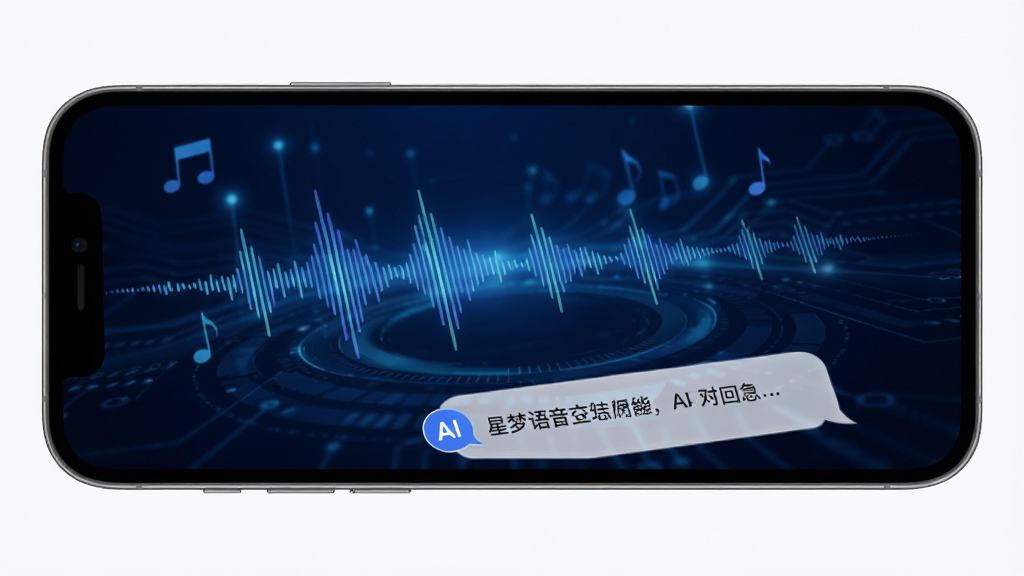 星梦语语音交互功能界面预览,画面展示手机屏幕中语音波形动画与AI回复气泡,背景为深蓝色科技感光效,主体清晰,排版简洁,风格现代,画质细腻,干净,无多余元素