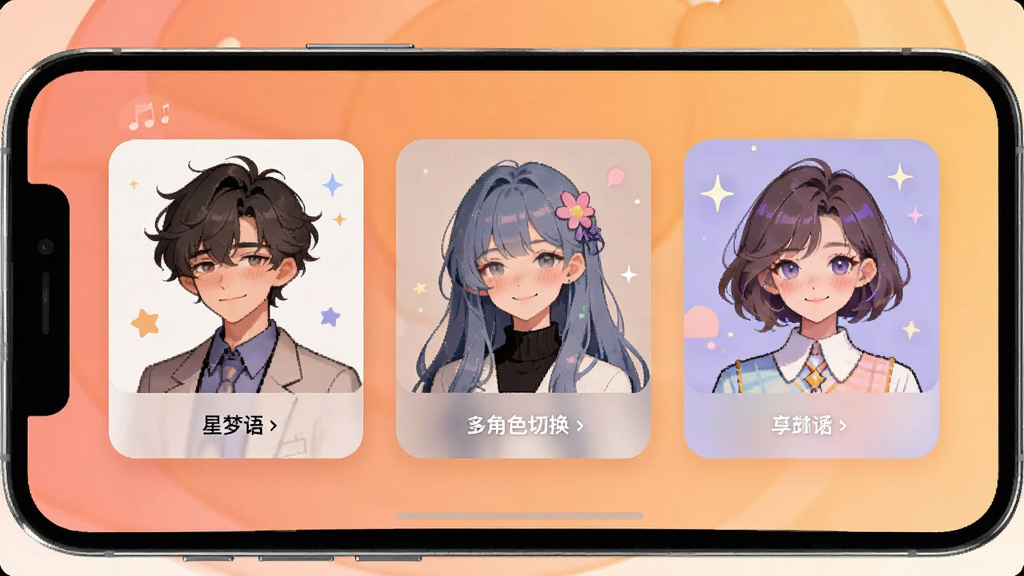 星梦语多角色切换界面展示,画面中手机屏幕显示三个不同风格的角色头像卡片横向排列,背景为暖色调渐变,布局清晰,风格温馨,画质清晰,干净,无多余元素