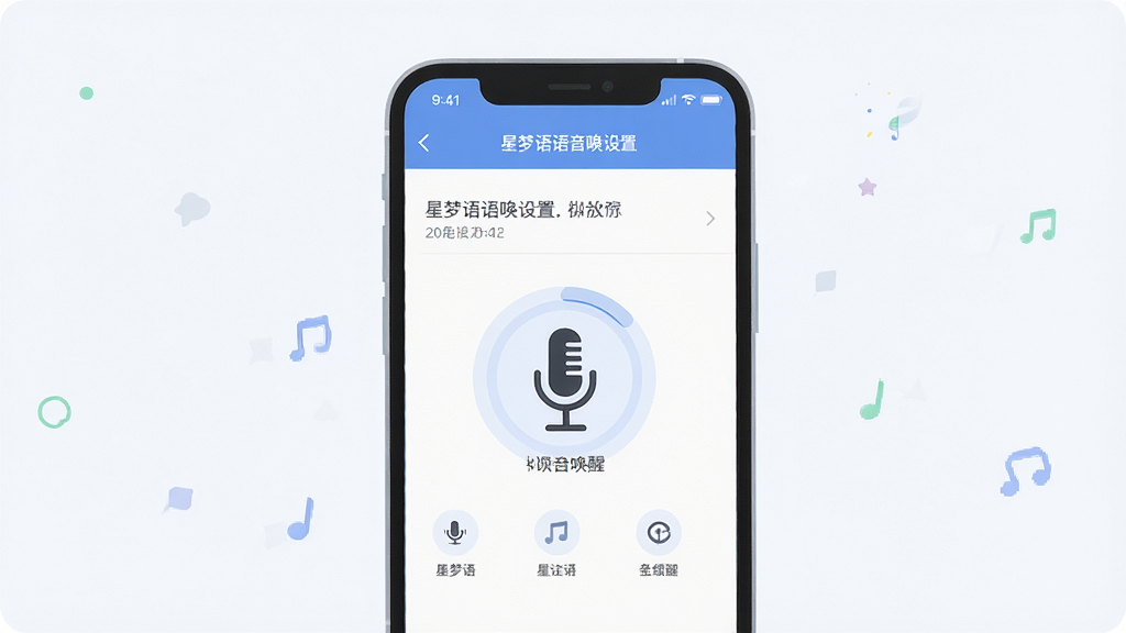 星梦语语音唤醒设置步骤示意图,画面中手机屏幕显示设置菜单和麦克风图标,背景简洁,排版清晰,风格扁平化,画质清晰,干净,无多余元素