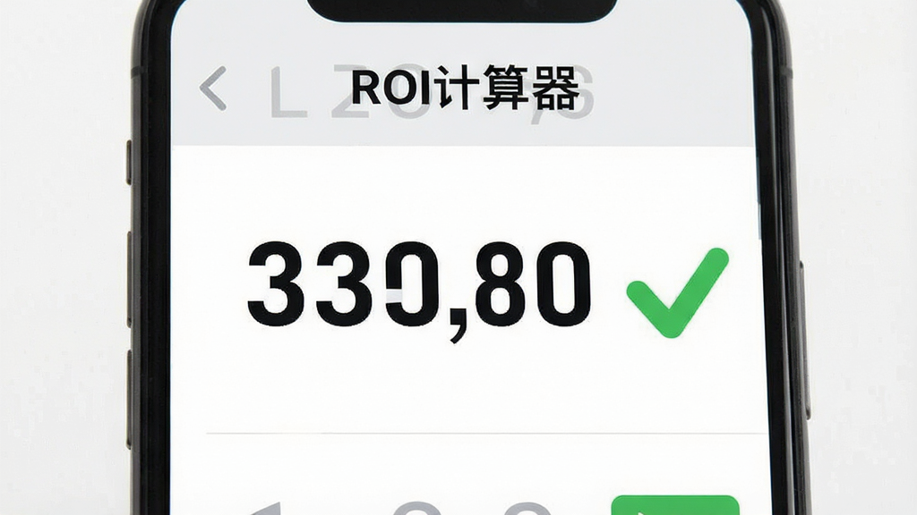 手机屏幕显示“ROI计算器”保本投产比计算结果页面,画面中有醒目的数字和绿色对勾图标,背景为白色和浅灰色,简洁明了的UI设计,扁平化风格,画质清晰,干净无多余元素