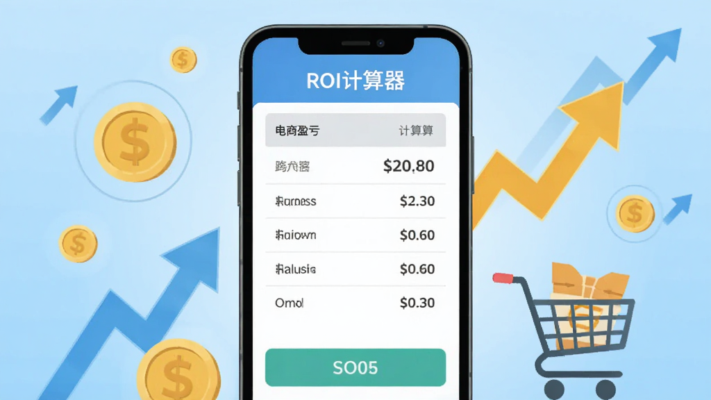 一款名为“ROI计算器”的手机应用界面展示图,画面中央是手机屏幕,屏幕内显示简洁的电商盈亏计算表格与数字结果,背景为浅蓝色渐变,周围环绕金币、上升箭头、购物车等电商元素,整体风格清新商务,扁平化设计,画质清晰,干净无多余元素
