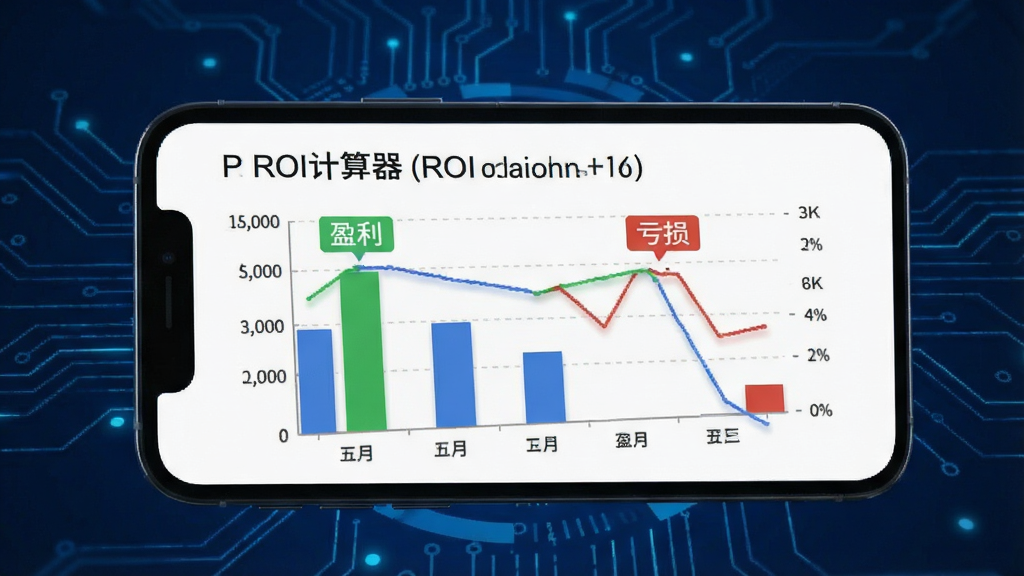 手机屏幕展示“ROI计算器”推广盈亏分析图表,包含柱状图和折线图,画面中有“盈利”“亏损”字样标注,背景为深蓝色科技感风格,数据可视化清晰,画质干净,无多余元素