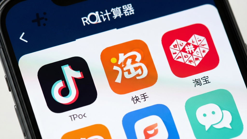 手机屏幕显示“ROI计算器”多平台选择界面,屏幕上排列着抖音、快手、淘宝、拼多多等平台图标,界面风格活泼明快,图标色彩丰富,扁平化设计,画质清晰,干净整洁