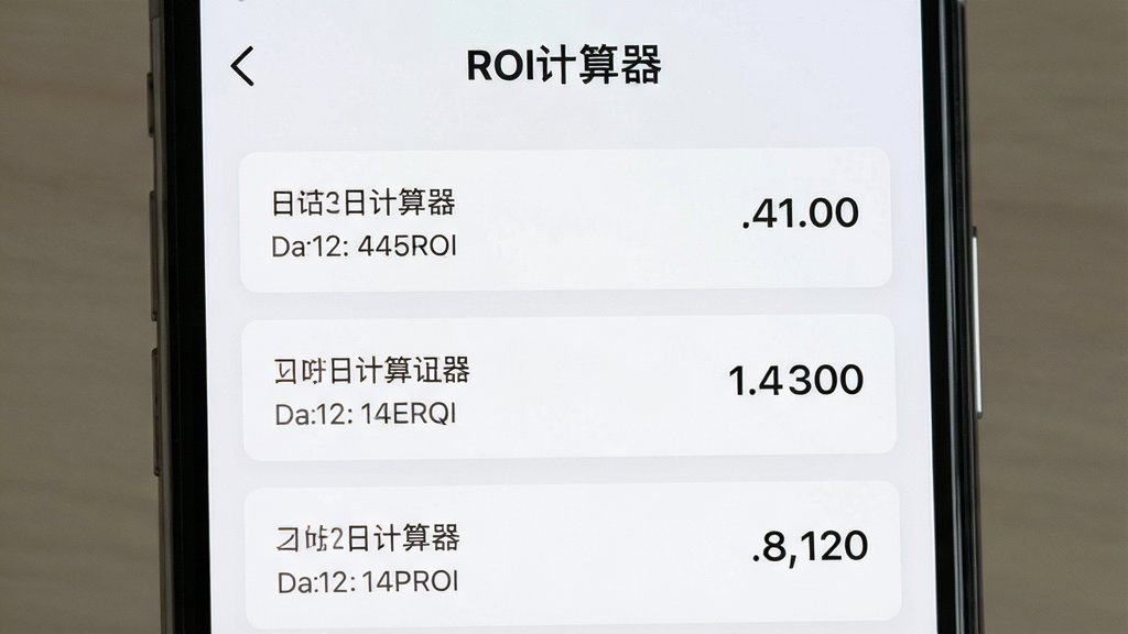 手机屏幕展示“ROI计算器”历史记录列表页面,列表中包含多条计算记录,每条记录显示日期和ROI数值,界面为浅色背景,卡片式布局,画质清晰,干净无多余元素