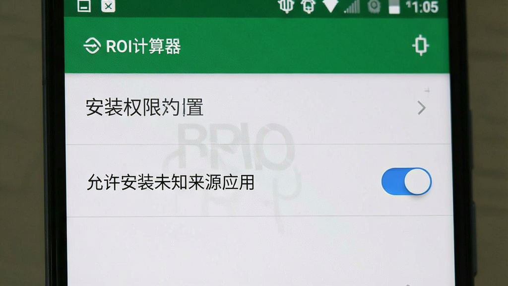 手机屏幕显示“ROI计算器”安装权限设置界面,画面中有“允许安装未知来源应用”的开关按钮,背景为安卓系统设置页面风格,简洁明了,画质清晰,干净无多余元素