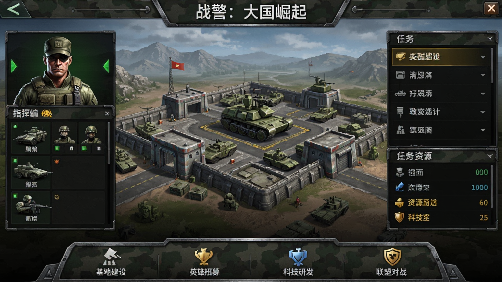 战警:大国崛起游戏主界面,画面中央展示军事基地全景,左侧显示指挥官角色与部队编队面板,右侧为任务列表与资源统计区域,底部导航栏包含基地建设、英雄招募、科技研发、联盟对战等图标,整体采用深色军事迷彩风格,金属质感边框,画面干净整洁,高清画质,无多余元素