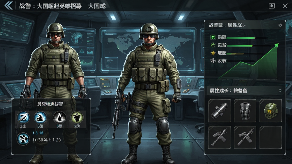 战警:大国崛起英雄招募界面,画面中央展示三位风格各异的军事英雄角色,左侧为英雄立绘与技能描述面板,右侧为属性成长与装备栏,背景为高科技指挥中心,风格写实硬朗,色彩以军绿与金属灰为主,排版清晰,高清画质,无多余元素