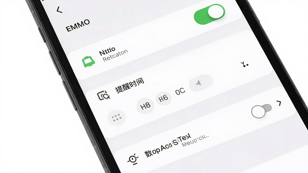 手机屏幕展示EMMO应用的设置页面,画面中有通知开关、提醒时间选择器、数据备份选项等列表项,背景为纯白色,主体是设置界面,布局纵向排列,排版清晰,风格极简设计,细节上带有小图标和开关按钮,画质高清,干净,无多余元素