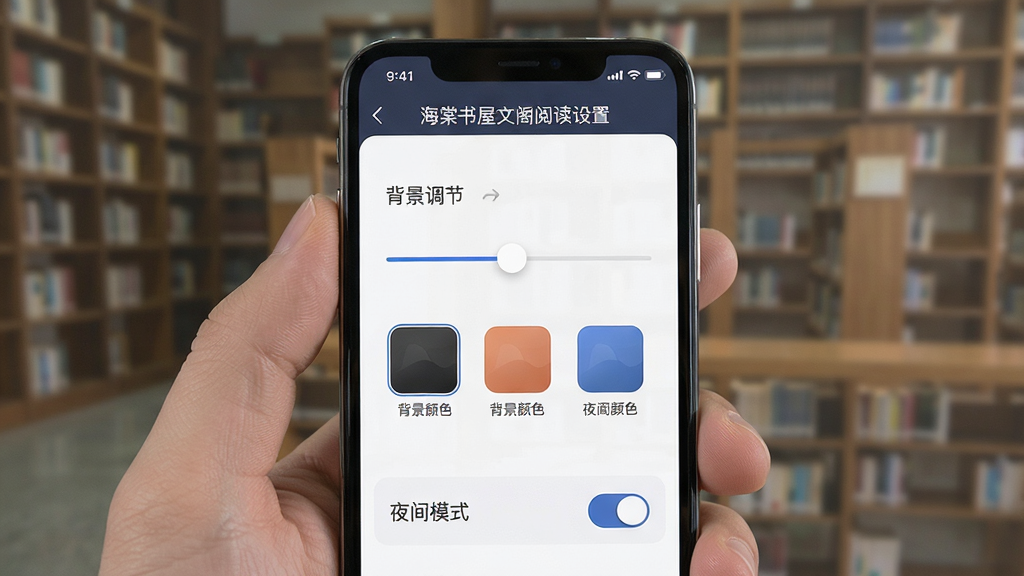 ���������ĸ��Ķ����ý��棬����չʾ�ֻ���Ļ�ϵ�������ڻ��顢������ɫѡ���ҹ��ģʽ���أ����沼�����룬����࣬ϸ�����������ʸɾ����޶���Ԫ��