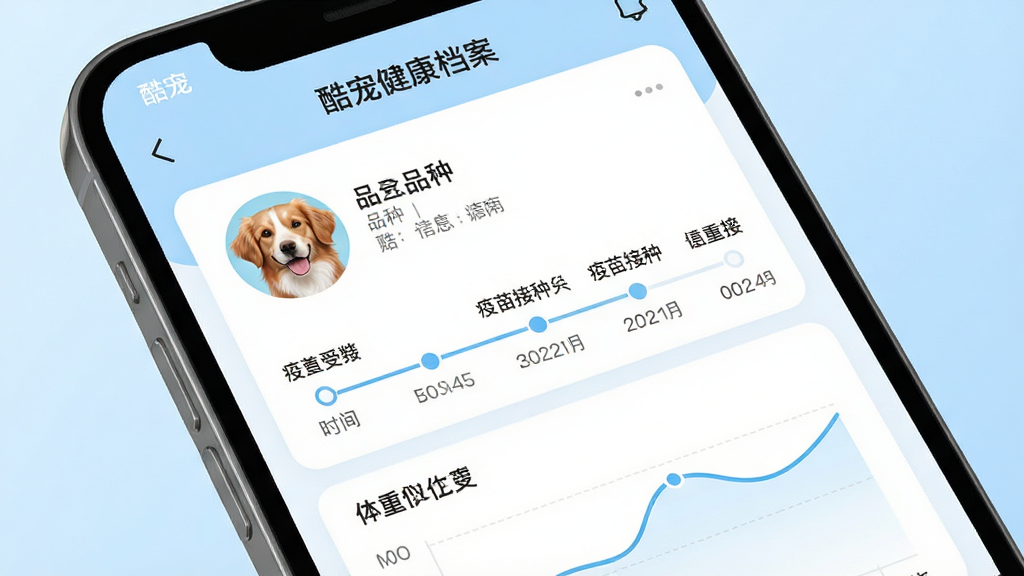 手机屏幕特写,显示“酷宠”APP的宠物健康档案页面,页面上有宠物头像、品种信息、疫苗接种时间轴和体重变化曲线图,背景为柔和的浅蓝色渐变,风格简洁现代,细节清晰,画质干净,屏幕中文字内容为“酷宠健康档案”。