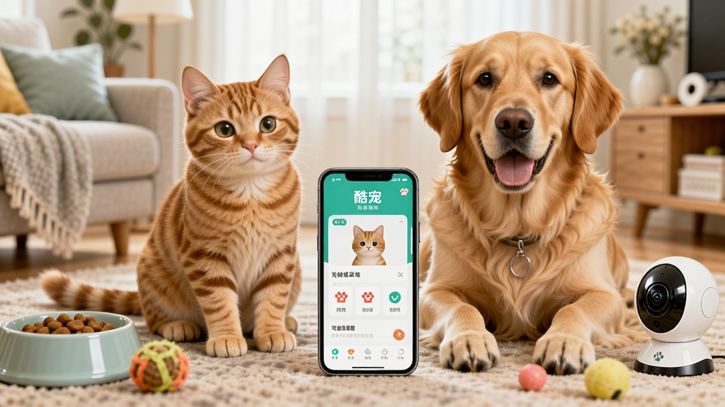 一只可爱的橘猫和一只金毛犬并排坐在明亮的客厅里,中间放置着一台智能手机,手机屏幕上显示着“酷宠”APP的宠物健康管理界面,周围环绕着宠物食品碗、玩具球和智能摄像头等元素,整体布局采用居中构图,风格温馨写实,细节丰富,画质清晰,干净无多余元素。