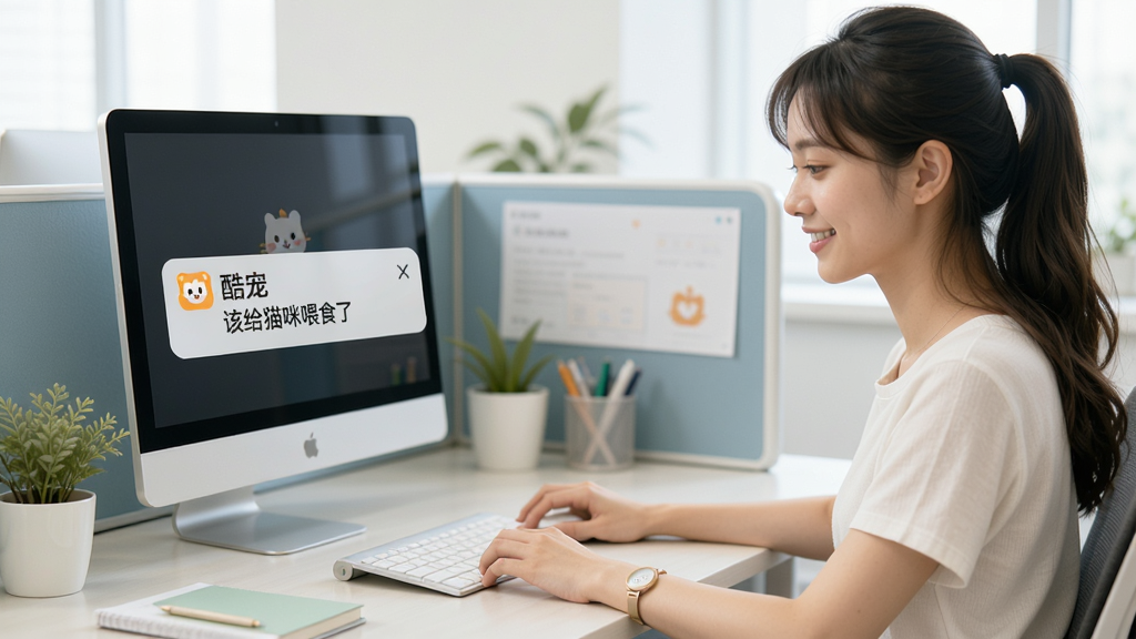 一位年轻女性坐在办公室工位上,手机弹出“酷宠”APP的喂食提醒通知,通知内容显示“该给猫咪喂食了”,背景是办公桌和电脑,画面风格清新明亮,手机屏幕中文字为“酷宠喂食提醒”,构图简洁,画质清晰。