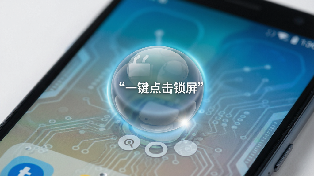 一部安卓手机屏幕特写,屏幕上显示着一个半透明的悬浮球图标,悬浮球旁边用中文引号标注“一键点击锁屏”,主体是悬浮球与手机屏幕,布局为特写居中,排版突出图标,风格科技感十足,细节上悬浮球带有光晕效果,画质清晰,干净,无多余元素