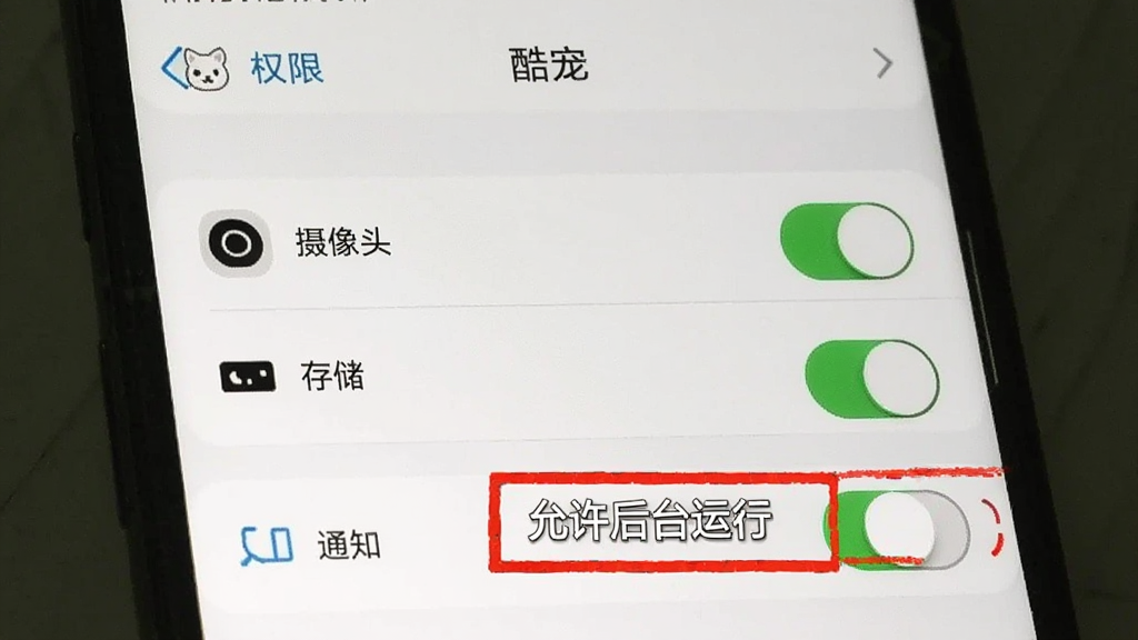 手机设置界面截图风格,显示“酷宠”APP的权限管理页面,包含摄像头、存储、通知等权限开关,页面中有红色标注框提示“允许后台运行”,整体风格清晰直观,画质干净。