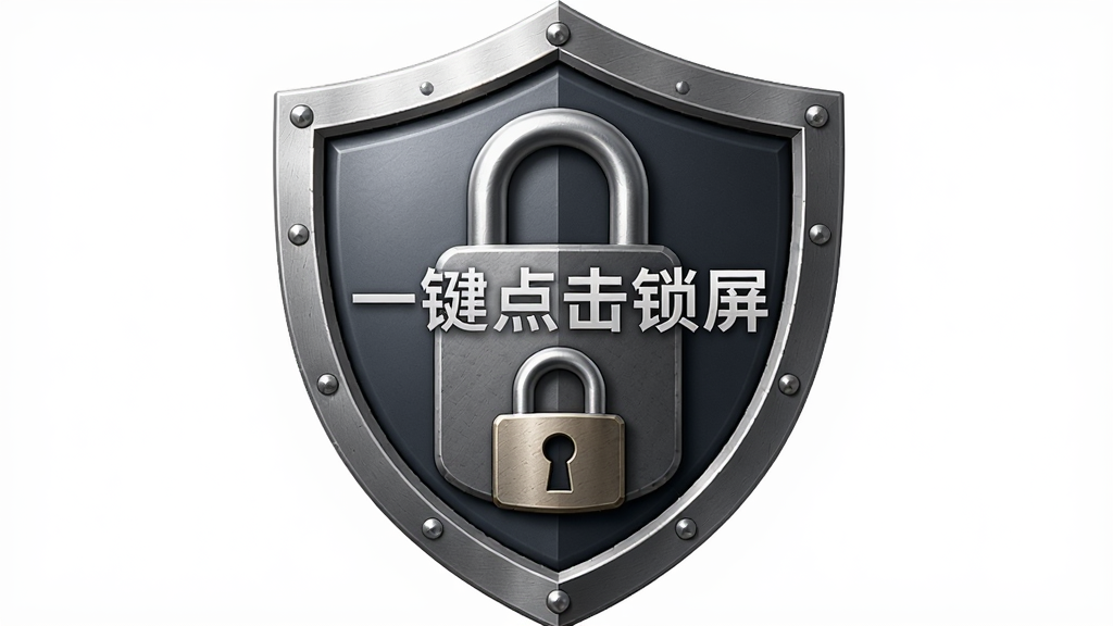 一张带有盾牌与锁头组合的图标设计图,盾牌中央写着中文“一键点击锁屏”,主体是盾牌与锁头,布局居中对称,排版稳重,风格安全防护,细节上盾牌表面有金属质感,画质清晰,干净,无多余元素