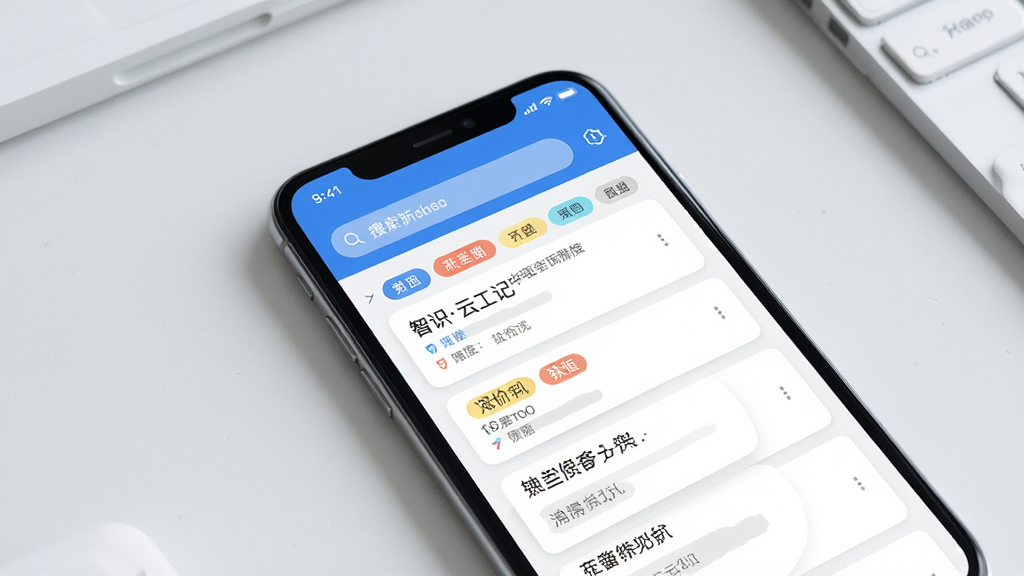 一张展示智识云工记软件主界面的预览图,画面中央是手机屏幕,屏幕内显示蓝色与白色为主的笔记列表界面,顶部有搜索栏,下方是彩色标签分类的卡片式笔记条目,背景为干净的浅灰色桌面,风格简洁现代,细节清晰,画质高清,干净无多余元素