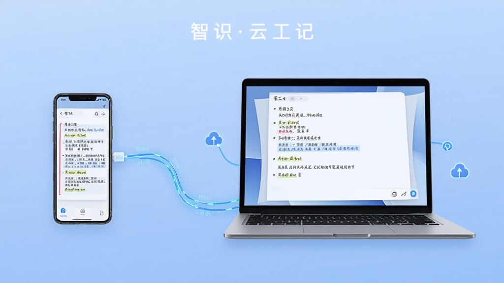 一张表现智识云工记云端同步功能的示意图,画面左侧是一部手机,右侧是一台笔记本电脑,两者之间用发光的蓝色数据线连接,屏幕上都显示相同的笔记内容,背景是柔和的渐变蓝色,风格科技感十足,细节清晰,画质高清,干净无多余元素