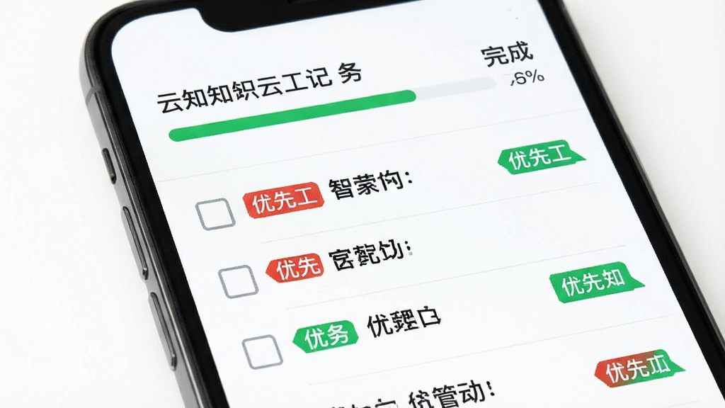 一张展示智识云工记任务管理界面的预览图,画面中手机屏幕上显示着带有复选框的任务列表,每个任务旁边有红色或绿色的优先级标签,顶部有进度条显示完成百分比,背景为白色,风格清爽商务,细节清晰,画质高清,干净无多余元素