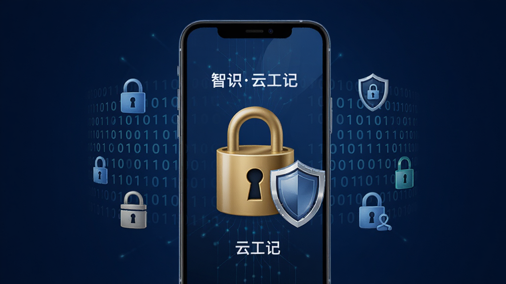 一张表现智识云工记数据安全功能的示意图,画面中手机屏幕显示一把金色的锁和盾牌图标,周围环绕着二进制代码和加密符号,背景为深蓝色,风格稳重安全,细节清晰,画质高清,干净无多余元素