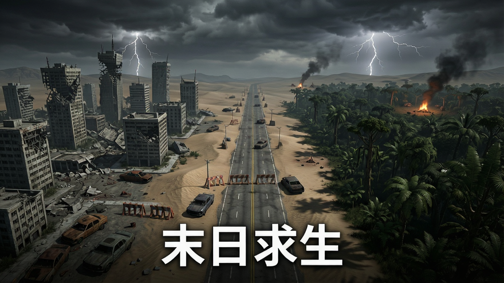 广阔废土世界俯瞰图,画面分为三个区域,左侧是倒塌的城市建筑群,中间是荒芜的沙漠公路,右侧是茂密阴暗的丛林,天空中乌云密布,远处有闪电,画面中央下方用白色字体写着