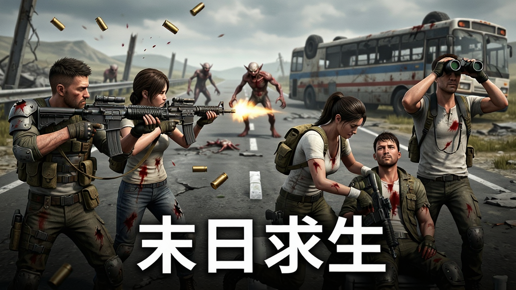 四名幸存者组成的队伍在废土上并肩作战,画面左侧两人持枪射击远处的变异生物,右侧一人正在救治受伤的队友,另一人手持望远镜观察前方,背景是破败的公路和翻倒的巴士,画面下方用白色字体写着