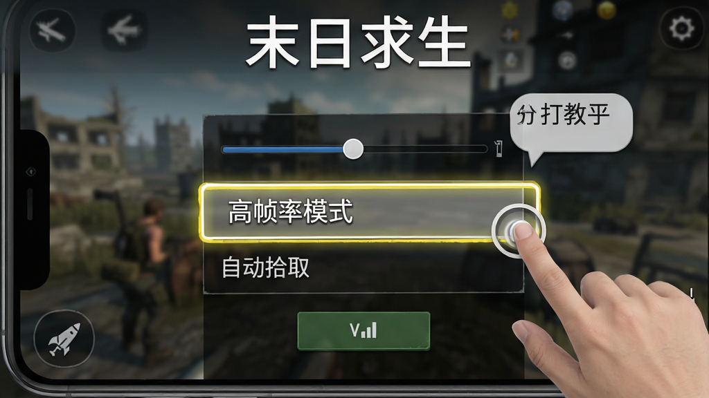 末日求生新手教程界面截图风格,画面展示手机屏幕中游戏设置菜单,高亮标注