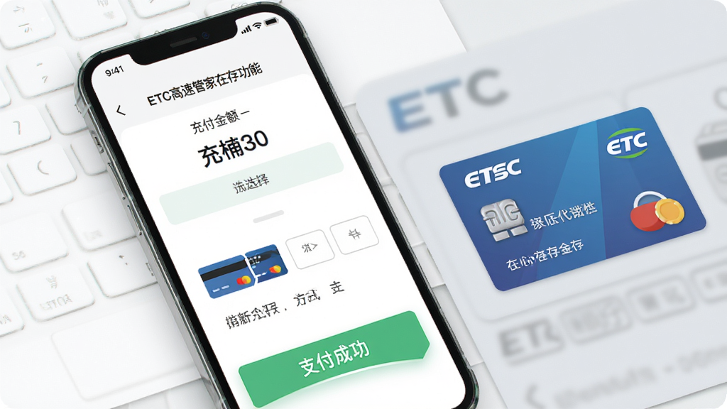 ETC���ٹܼ����߳�ֵȦ�湦��չʾ���ֻ���Ļ��ʾ��ֵ���ѡ��ҳ����֧����ʽѡ������������п�ͼ����֧���ɹ���ʾ������Ϊ���İ�ɫ��ǳ��ɫ���䣬�����Ҳ���һ��ETC��Ƭͼ�����������������£������������ɾ��޶���Ԫ��
