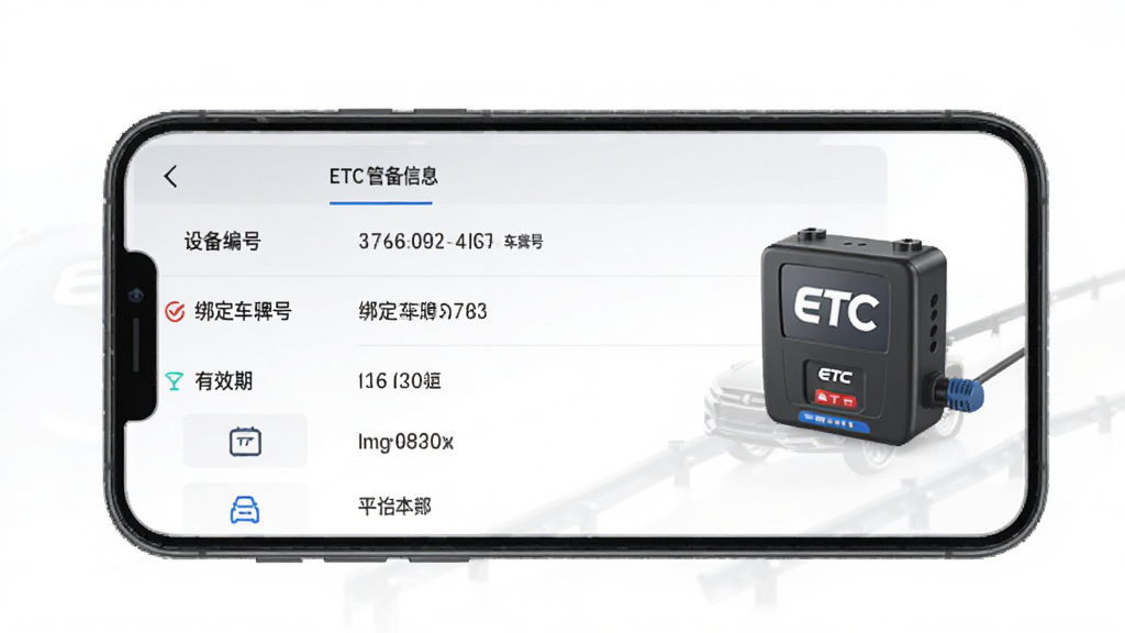 ETC���ٹܼ��豸��������չʾ���ֻ���Ļ��ʾETC�豸��Ϣҳ�棬�����豸��š��󶨳��ƺš���Ч�ڵ��ֶΣ��������б���ʽ���֣�����Ϊǳ��ɫ���ɫ����������һ��������ETC�豸ͼ�꣬��������ʵ�ã������������޶���Ԫ��