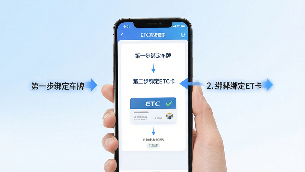 ETC���ٹܼ����ֲ���ָ��ʾ��ͼ��������һ���ֻ�չʾӦ��ע���¼���ETC���Ĳ���ҳ�棬����������ע����һ���󶨳��ơ����ڶ�����ETC��������ʾ������Ϊ��͵�ǳ��ɫ���ɫ���䣬��������죬���ʸ��壬�ɾ��޶���Ԫ��