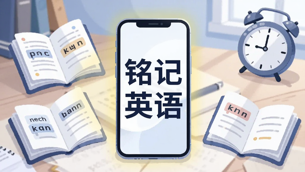 画面中央是一部智能手机,屏幕上显示着“铭记英语”四个大字,手机周围环绕着翻开的单词卡片和时钟图标,背景是柔和的书桌场景,整体采用扁平化插画风格,色调以蓝白为主,点缀淡黄色光晕,细节清晰,画质干净,无多余元素
