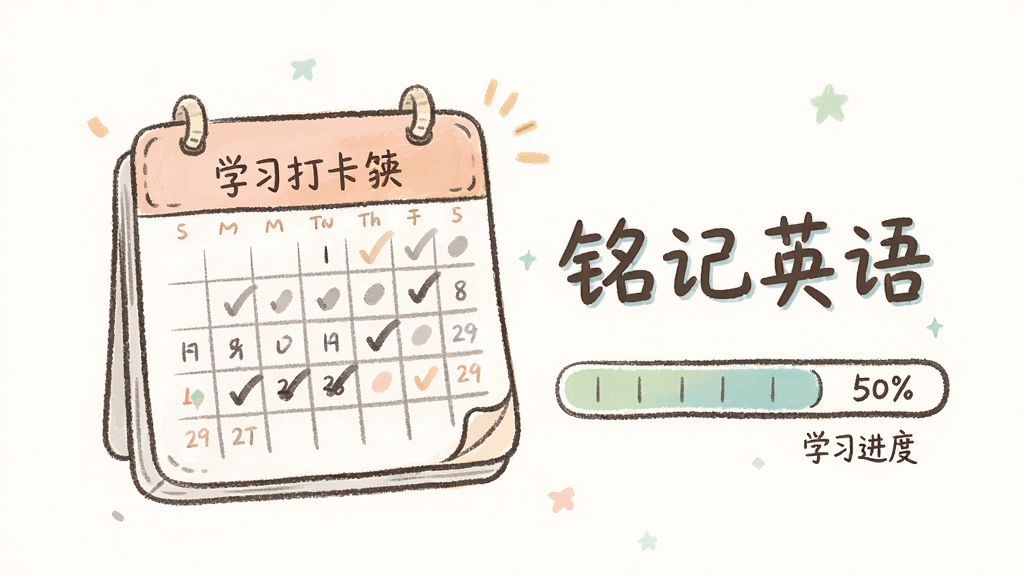 画面中央是一个日历和进度条组合的图形,日历上标注着学习打卡标记,进度条显示完成百分比,旁边有“铭记英语”文字标识,风格为清新手绘风,色调柔和,画质干净,无多余装饰