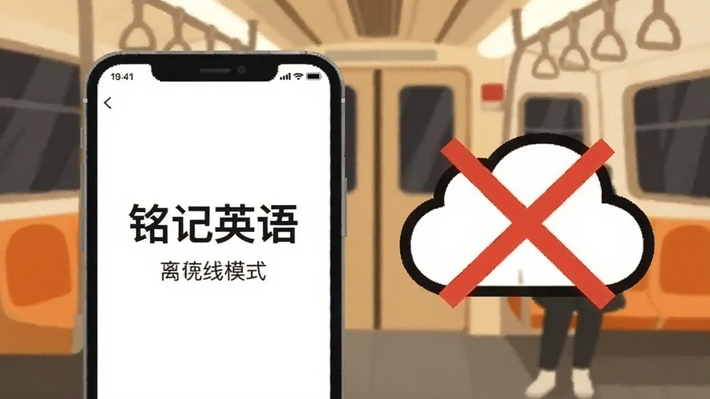 画面中一部手机显示“铭记英语”离线模式界面,手机旁边有一个云朵被斜线划掉的图标,背景是地铁车厢场景,风格为扁平化插画,色调偏暖,画质清晰,干净整洁
