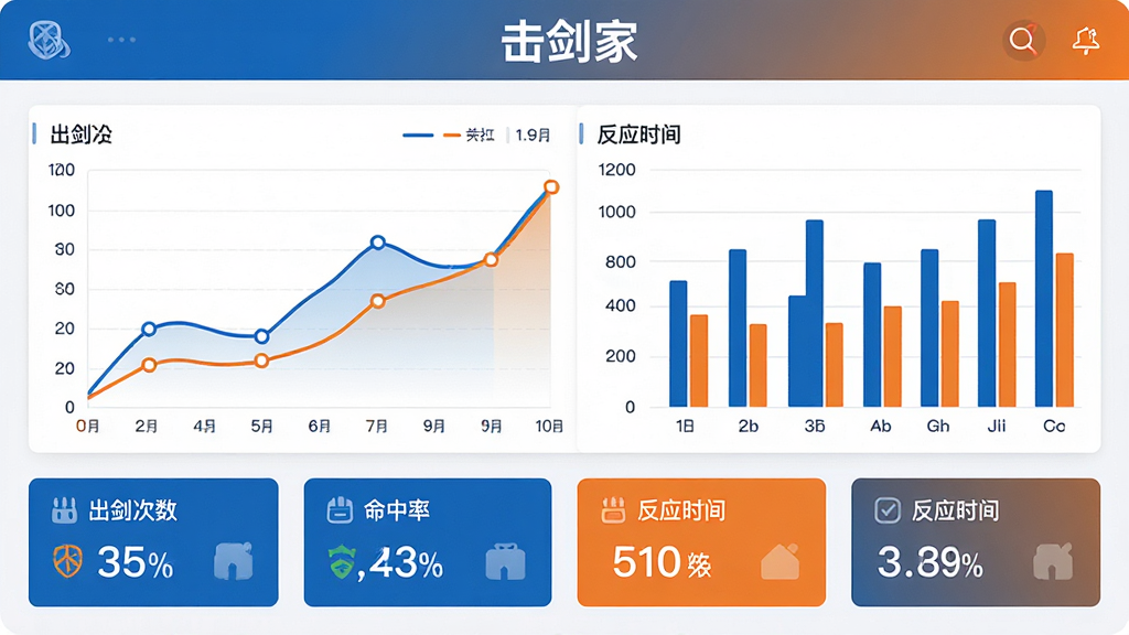 击剑家软件训练数据统计页面,画面中展示着折线图与柱状图交错的数据面板,图表颜色以蓝色和橙色为主,上方显示